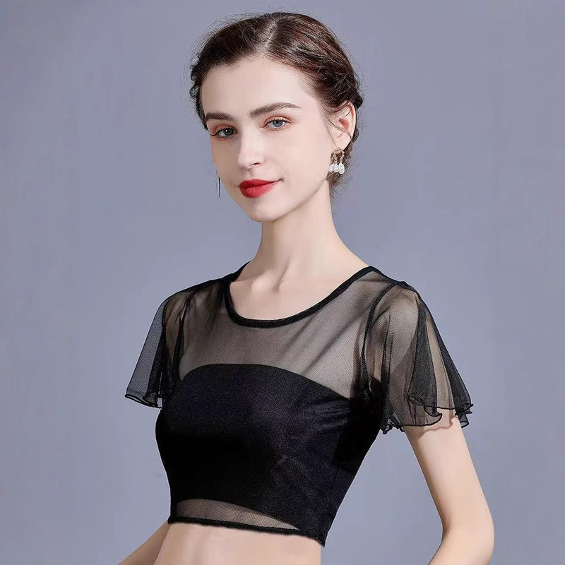 Black Half-Length Short Versatile Inner T-Shirt Blouse Tulle Summer Women's Half-Length Mesh Bottoming Shirt Lace Short Sleeves Black Half-Length Short Versatile Inner T-Shirt Blouse Tulle Summer Women's Half-Length Mesh Bottoming Shirt Lace Short Sleeves