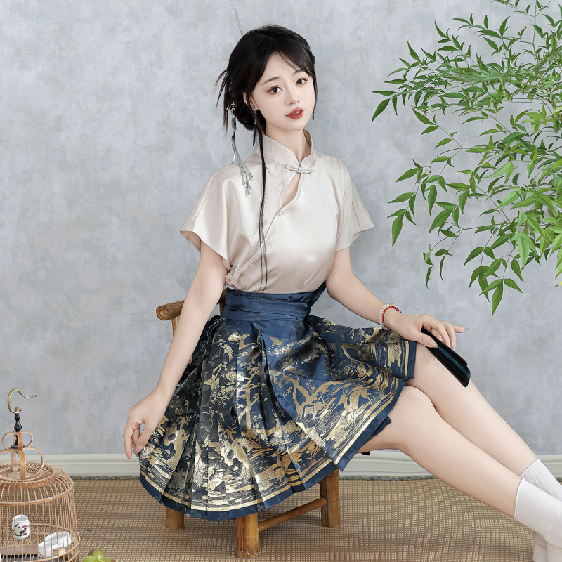 原创鹤鹿同春汉服女中国风改良汉元素新中式短款薄款马面裙8934|undefined