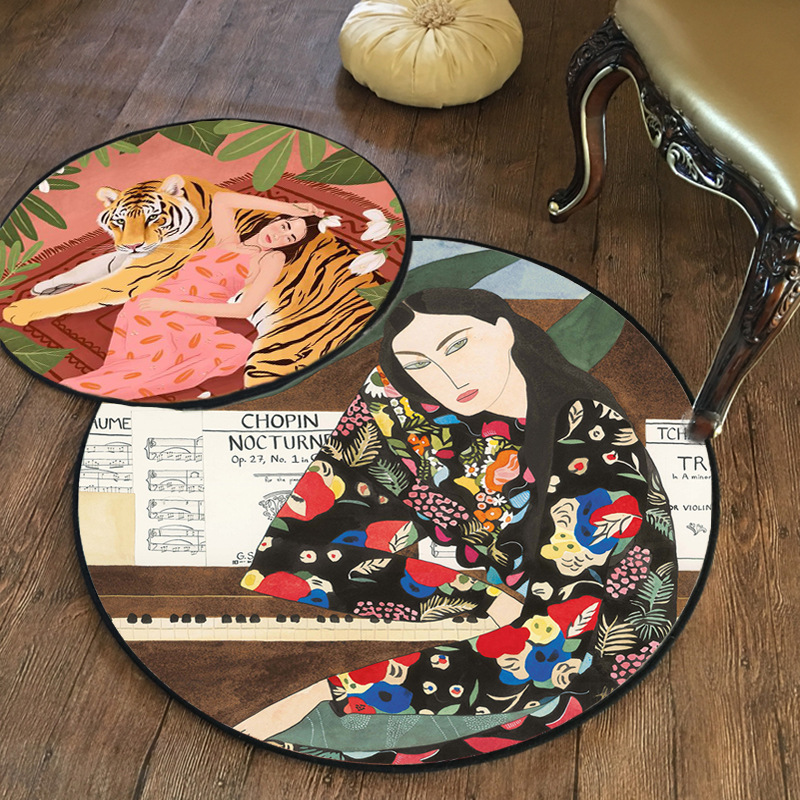 가벼운 럭셔리 in 라운드 카펫 치유 소녀 호랑이 표범 일러스트 바닥 매트 침실 컴퓨터 회전 의자 발 매트