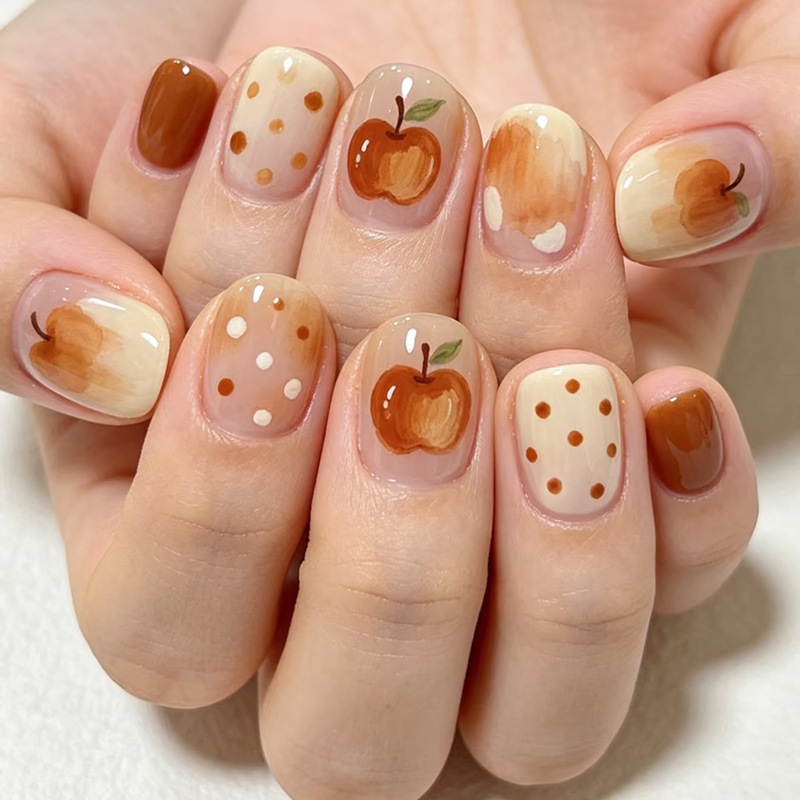 Oil painting style apple pattern wearable nails, retro short square shape, warm brown polka dot, milky coffee color gradient, artificial nails Oil painting style apple pattern wearable nails, retro short square shape, warm brown polka dot, milky coffee color gradient, artificial nails