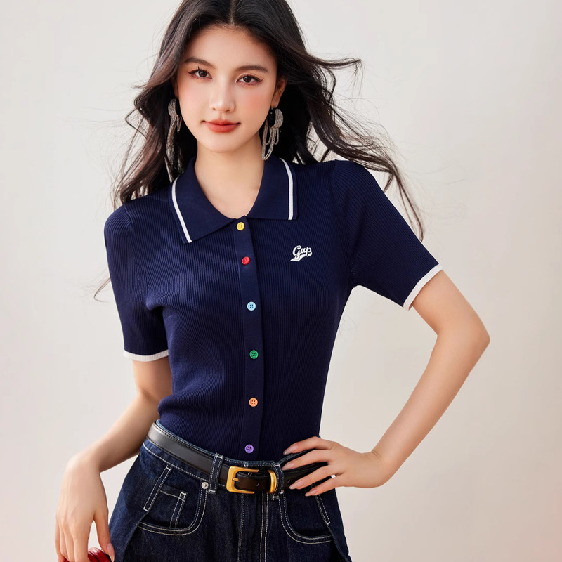 G8026 Slim-fit Navy Blue Knitwear Pullover Women's Short-sleeve Lapel Elegant Commuter T-shirt Women's Shirt Design Sense Summer