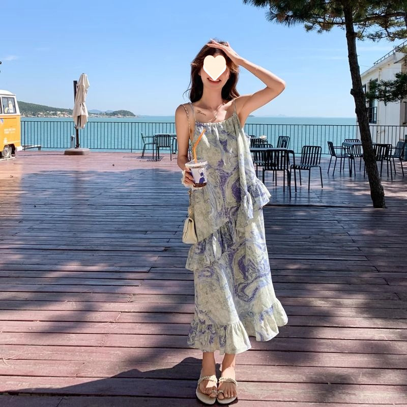 French Vacation Floral Seaside Beach Skirt for Women 2025 Summer New Loose Printed Suspender Dress Long Skirt French Vacation Floral Seaside Beach Skirt for Women 2025 Summer New Loose Printed Suspender Dress Long Skirt