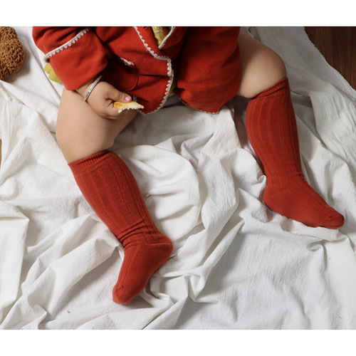 Ins-style Spanish-style children's socks, double-needle vertical striped, mid-calf length baby socks, solid color student socks, sports socks