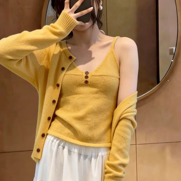 Korean chic yellow camisole layered two-piece top for women, early spring outfit with a stylish long-sleeve knitted cardigan Korean chic yellow camisole layered two-piece top for women, early spring outfit with a stylish long-sleeve knitted cardigan