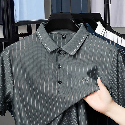Summer New Men's Short Sleeve T-Shirt Youth Men's Vertical Stripe Half-Sleeve Polo Collar T-Shirt Men Cross-Border Foreign Trade