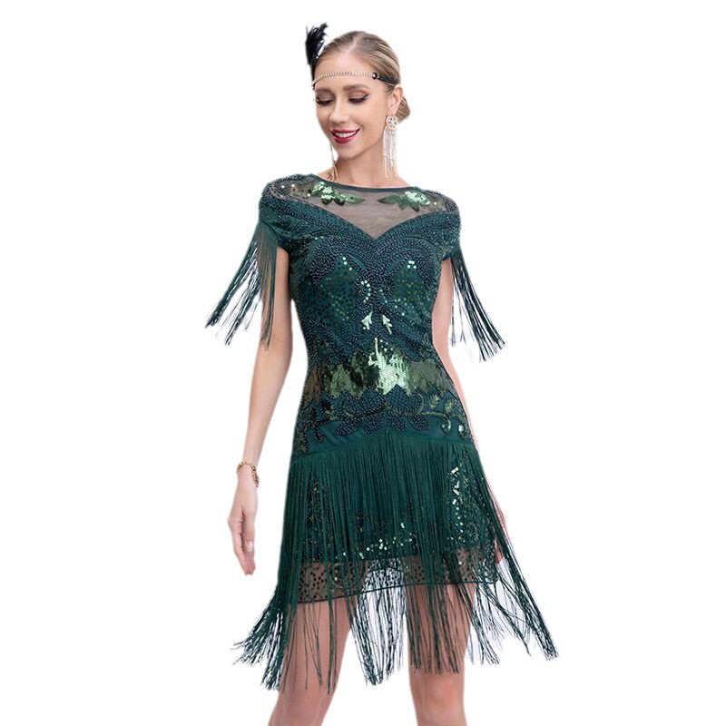 Vestido de manga corta lentejuelas europeo y americano retro de alta gama bola fiesta borla vestido de noche Amazon transfronterizo image 5
