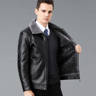 Haining Leather Men's Leather One-piece fleece-lined Thickened Sheepskin Casual Lapel Leather Jacket Dad Jacket