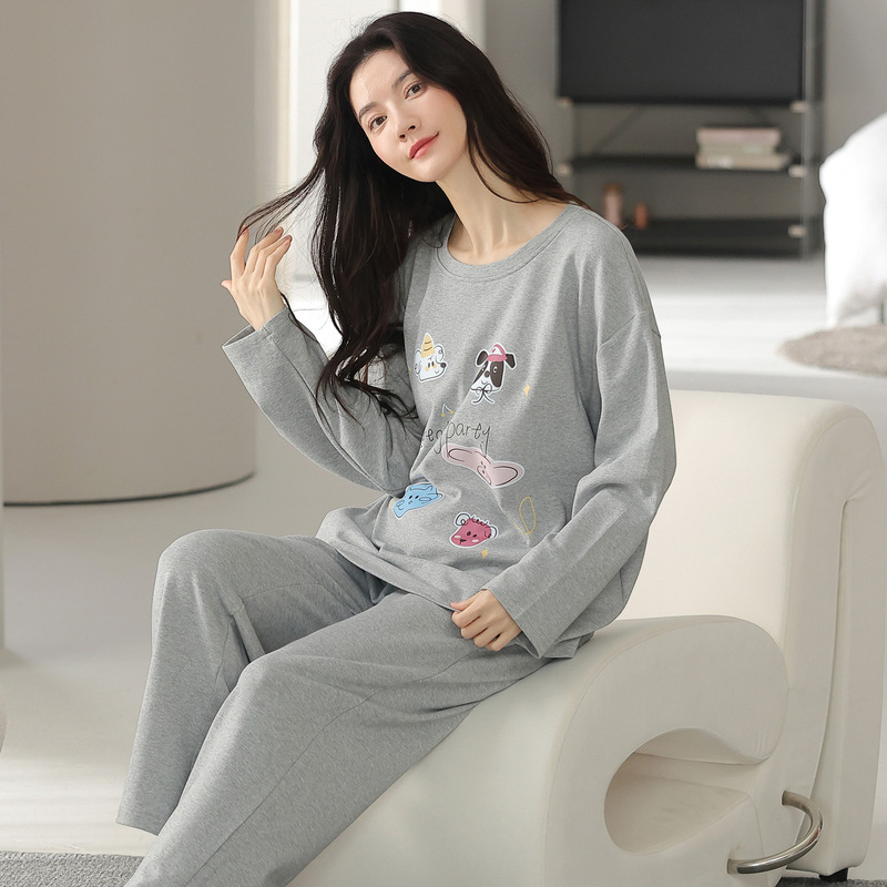 纯棉睡衣女春秋款带胸垫长袖套装2025新款圆领可爱卡通外穿家居服|undefined