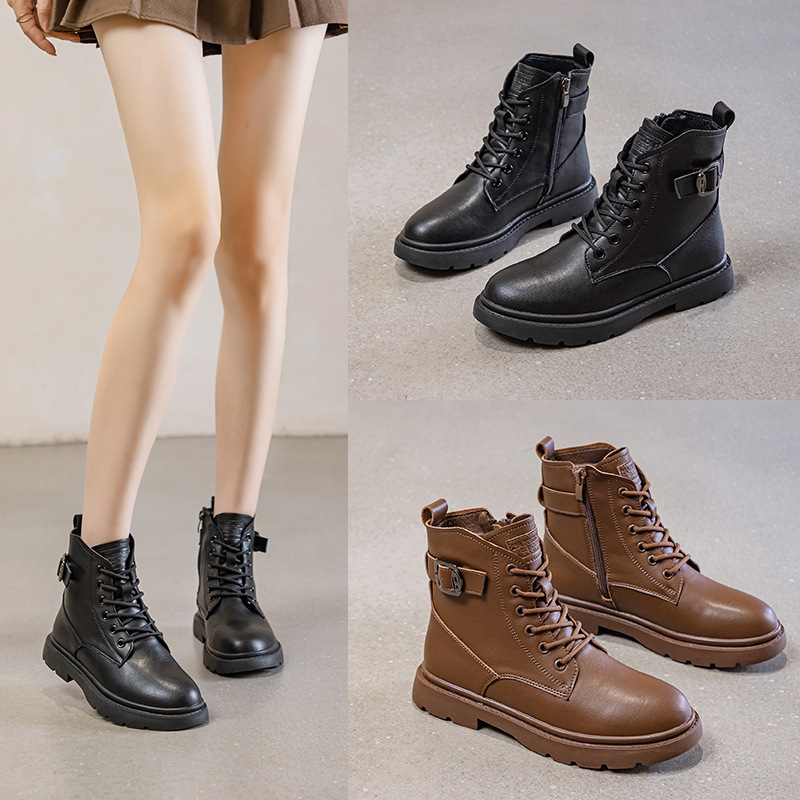 Six hole buckle Marten boots Women 2023 new fall winter plus fleece plus-size boots 41 a 43 flat brown ankle boots