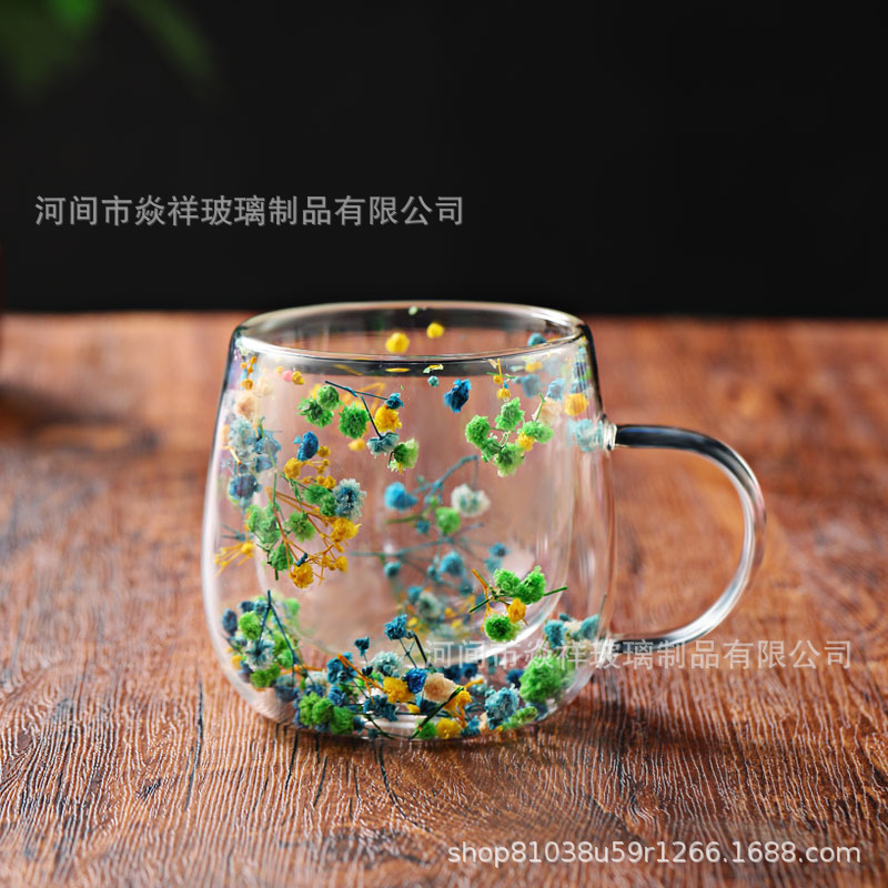 跨境真干花双层玻璃杯创意高硼硅耐热水杯子网红牛奶咖啡杯茶杯|undefined