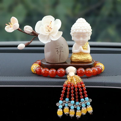 Body Car Ornaments Car Console: Other Automotive Interior Supplies - golden-buddha-magnolia-base-fancy-red-agate