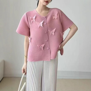 Pleated Three-dimensional Flower Decorative Design Short Coat Women's Short-sleeved 2024 Loose Slimming Pleated Cardigan Top Women