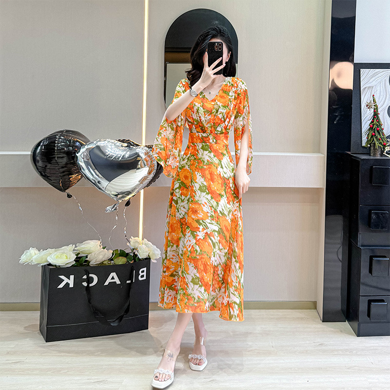 Summer Van Gogh Orange Kite Marigold Jacquard Print Chiffon V-Neck Irregular Dress_ecoleips.com