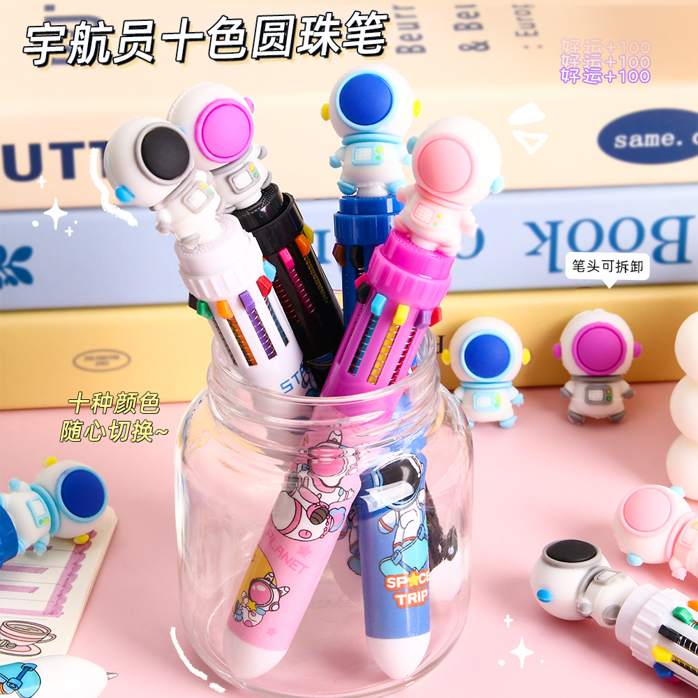Bolígrafo de astronauta de diez colores de dibujos animados lindo y creativo bolígrafo de góner multicolor a presión papelería multifuncional de alto valor
