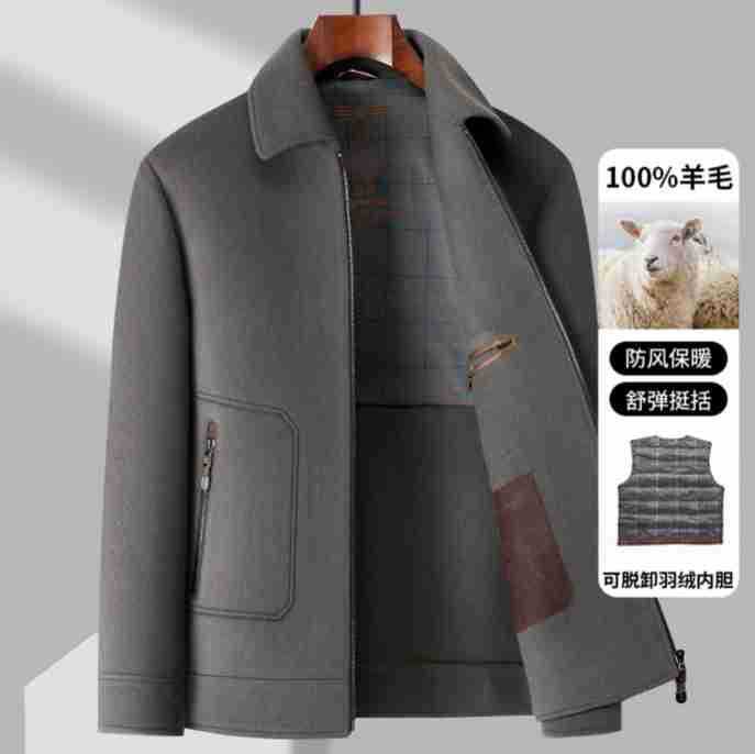 Men's 100% Pure Wool Double-Sided Woolen Jacket Business Casual Removable White Duck down Liner Lapel Jacket Woolen Men's 100% Pure Wool Double-Sided Woolen Jacket Business Casual Removable White Duck down Liner Lapel Jacket Woolen