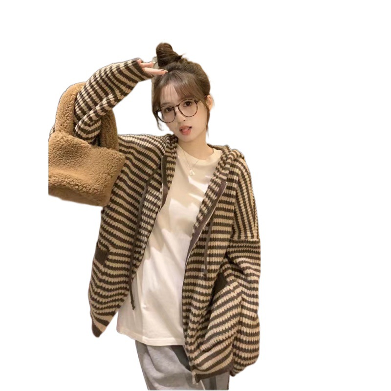 (2개) 레트로 소프트 왁스 가을 겨울 한국 스타일 패션 캐주얼 느슨한 올매치 후드 지퍼 컬러 대조 긴 소매 스웨터 여성 의류