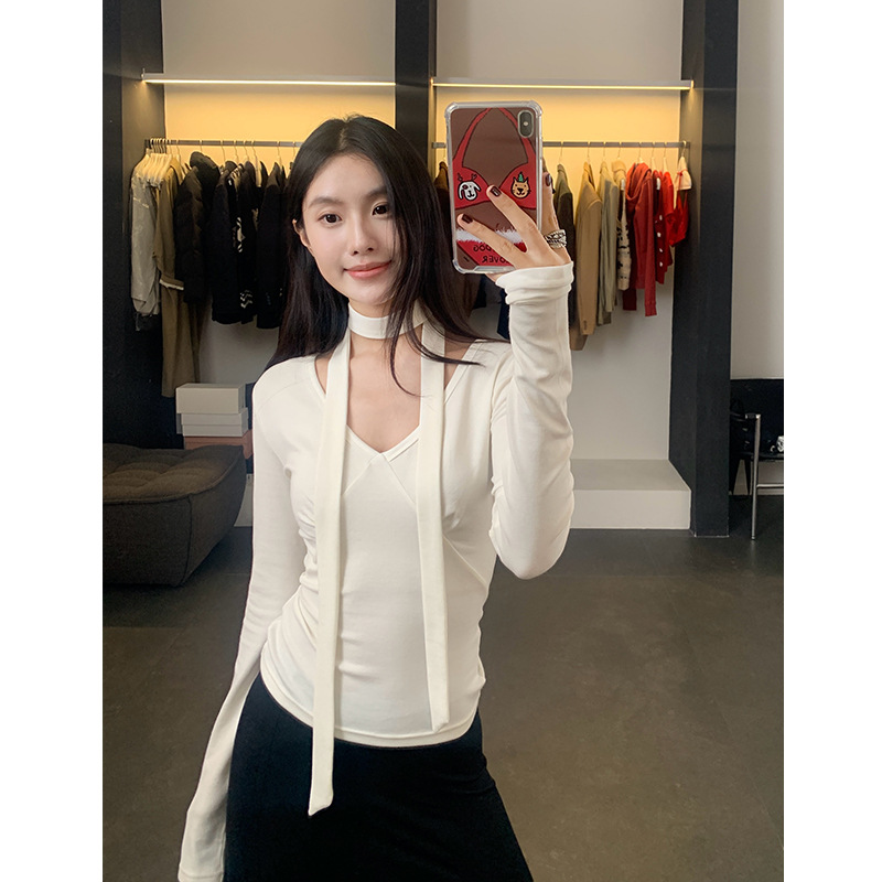 楠涛羊毛打底衫女秋季新款纯欲挂脖上衣显瘦修身氛围气质长袖t恤