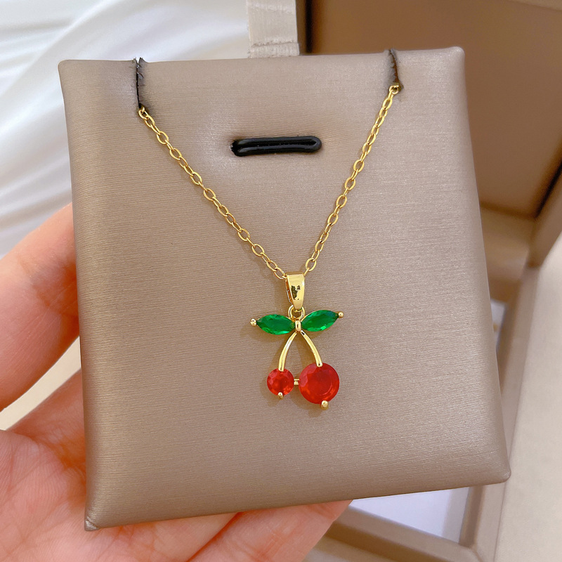 Red Cherry Fruit Necklace Diamond Luxury Clavicle Chain Jewelry_voghion.com