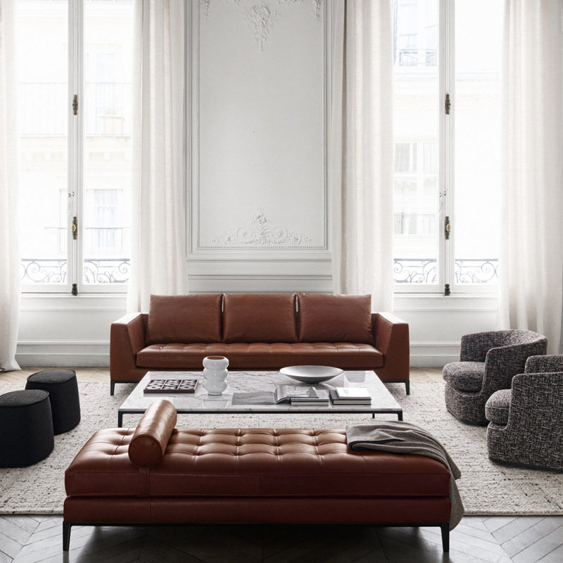 Italian Minimalist Leather Light Luxury Three-Seater Sofa Nordic Modern Living Room Straight Sofa Retro Industrial Style Small House