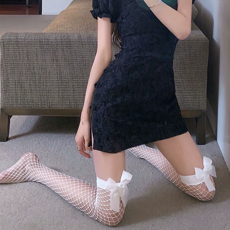 Black tights with bow, ultra thin brand high boots