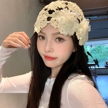 日系优雅花朵套头帽子女士手工钩织镂空包头帽春夏天百搭贴头帽潮