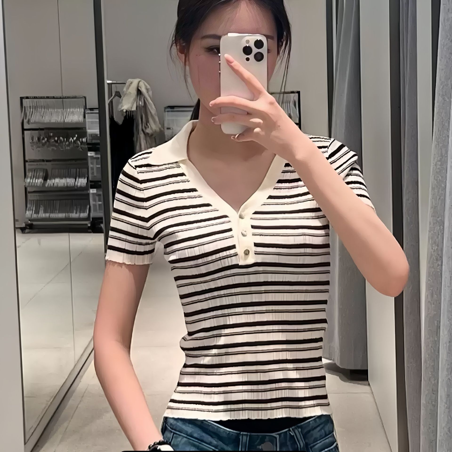 2026夏季新品女装摩登通勤条纹POLO领短袖针织衫休闲百搭薄款Tee