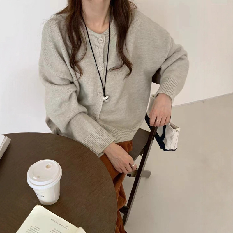 Solid Color Versatile Classic Round Neck Knitted Cardigan Women's Cross-Border New Simple Sweater Jacket Long-Sleeved Top Women Solid Color Versatile Classic Round Neck Knitted Cardigan Women's Cross-Border New Simple Sweater Jacket Long-Sleeved Top Women