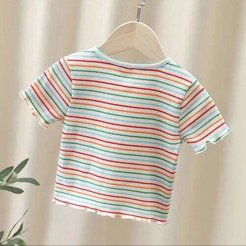 Girls' Short-Sleeve T-Shirt Summer Children Striped Fresh Street Style Baby Girls' Short-Sleeve Thin Top