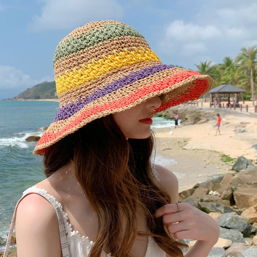 Handmade Grass Hat for Women, Foldable Bohemian Beach Rainbow Striped Fisherman Hat, Sunshade, Makes Face Look Smaller, Trendy Bucket Hat