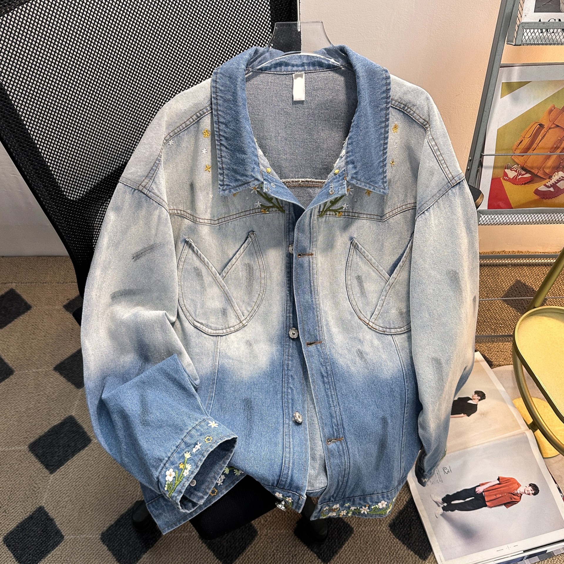 Unisex Gradient Embroidered Denim Jacket American Retro Style Floral Trendy Brand Design Spring Autumn Fashion Non-Stretch Denim_voghion.com