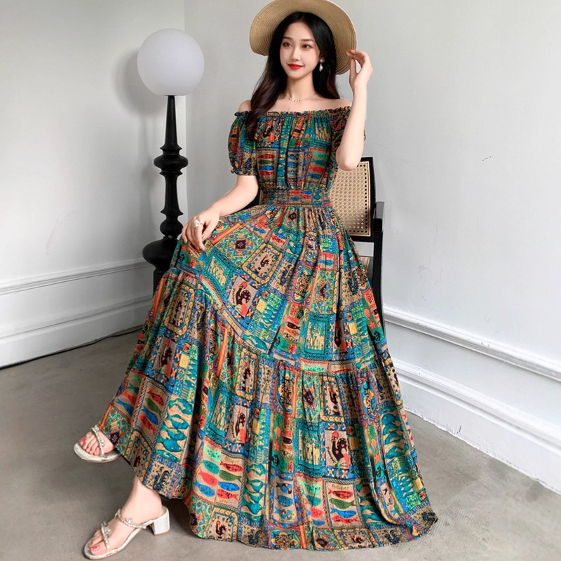 2026 Summer New Cotton Silk Beach Dress Bohemian Travel Seaside Vacation Long Dress for Women