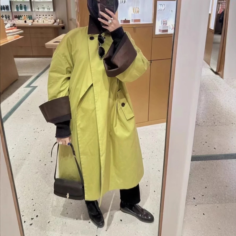 2025 Spring and Autumn Urban Retro Fashionable Avocado Green and Brown Patchwork Trench Coat for Women, Loose Fit 2025 Spring and Autumn Urban Retro Fashionable Avocado Green and Brown Patchwork Trench Coat for Women, Loose Fit