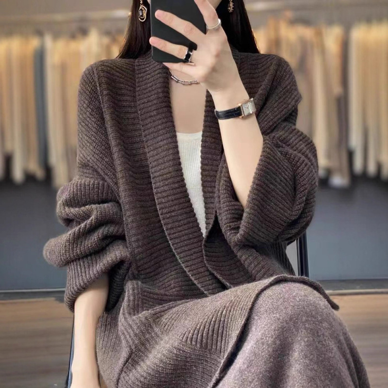 法式翻领中长款开衫外套女2025秋冬季新款上衣温柔慵懒风针织毛衣|undefined