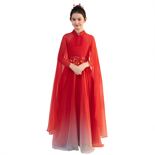 Girls' guzheng performance costumes, Chinese style super fairy guzheng performance chorus costumes, children's classical dance test performance costumes