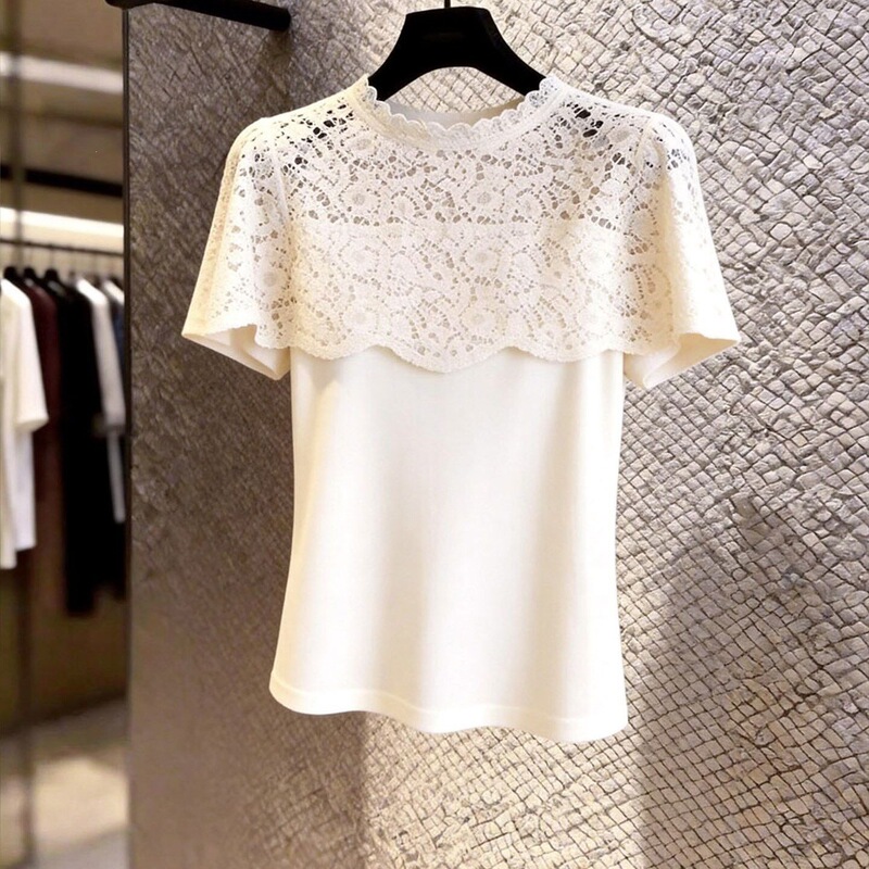 French-Style Chic Apricot Lace Short-Sleeve T-Shirt for Women, Early Summer 2026, Super Trendy, Age-Reducing, Unique, Beautiful Short Top