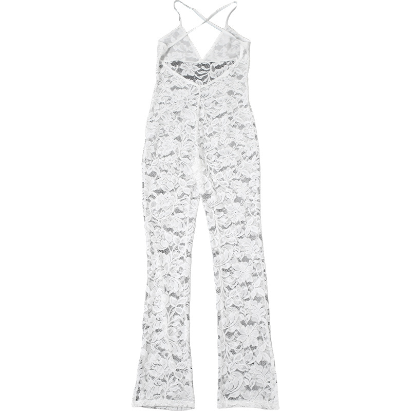 Summer Women Collection Sexy Deep V Plunge Sling Backless Lace See through Tight Jumpsuit