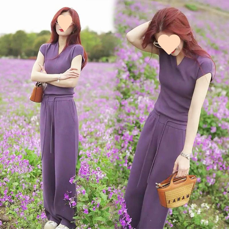 보라색 캐주얼 스포츠 세트 여성 2024 여름 슬림 룩 패션 라이트 럭셔리 우아한 탑 스트레이트 바지 투피스 세트