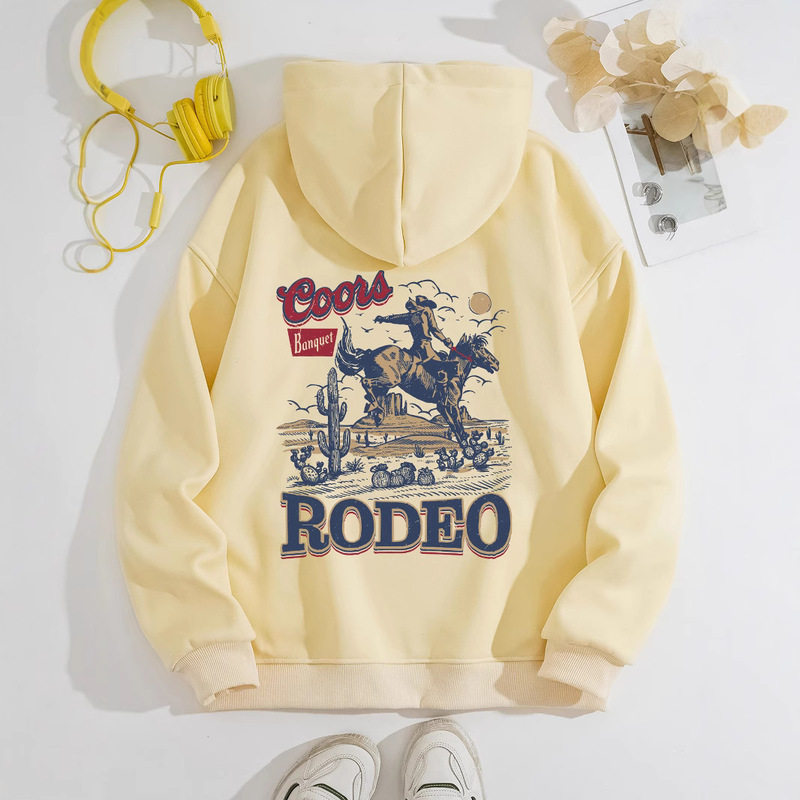 Cross-border European Size Autumn and Winter European and American Women's Kangaroo Pocket Hooded Long-sleeved fleece-lined Sweatshirt Western Denim Print