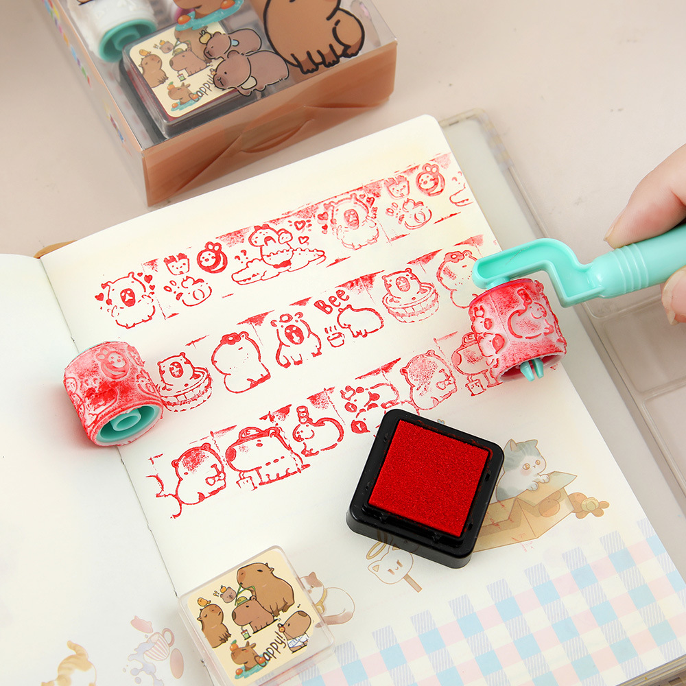 Capibara rodillos de juguetes de dibujos animados lindos 4 en 1 sello conjunto de premios para estudiantes de jardín de infantes