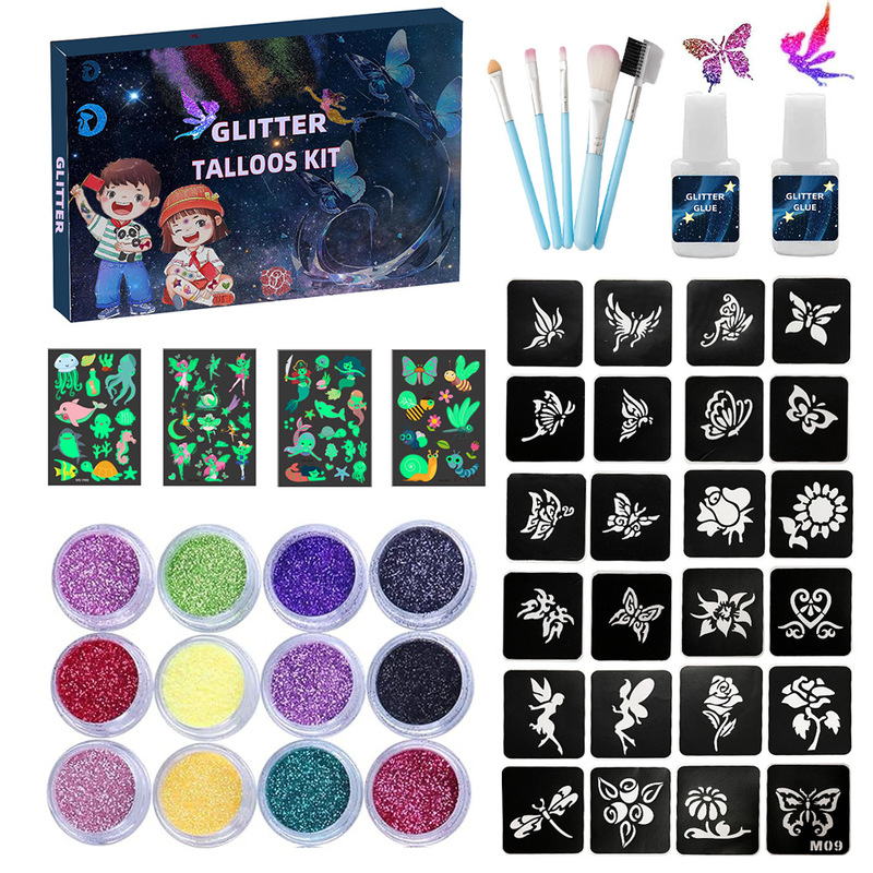 New Tattoo suit 12 Color Glitter Powder 4 Cartoon Luminous Paste Diamond Temporary Tattoo Template Cross Border