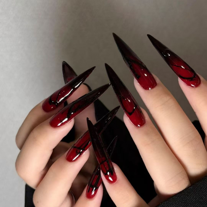 Handmade Manicure Wearable Nails Gothic Aesthetic Red and Black Gradient Wearable Nails Niche Mysterious Thin Dog Long Detachable Nails