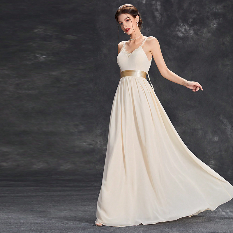 Vestido de noche de champaña satén francés para la novia de salida de hilo simple se puede usar normalmente vestido de dama de honor fábrica de cabello recto