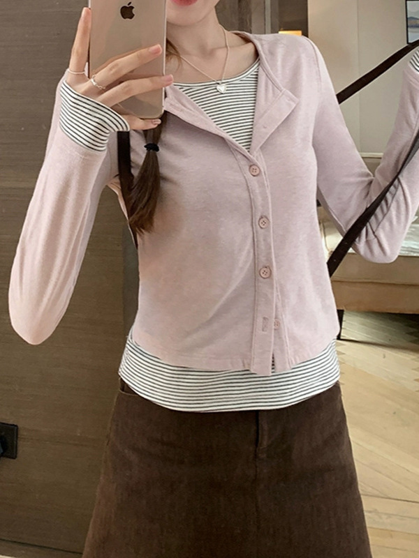 槿一 韩版时尚拼接撞色条纹长袖T恤女早秋慵懒风修身百搭显瘦上衣|undefined