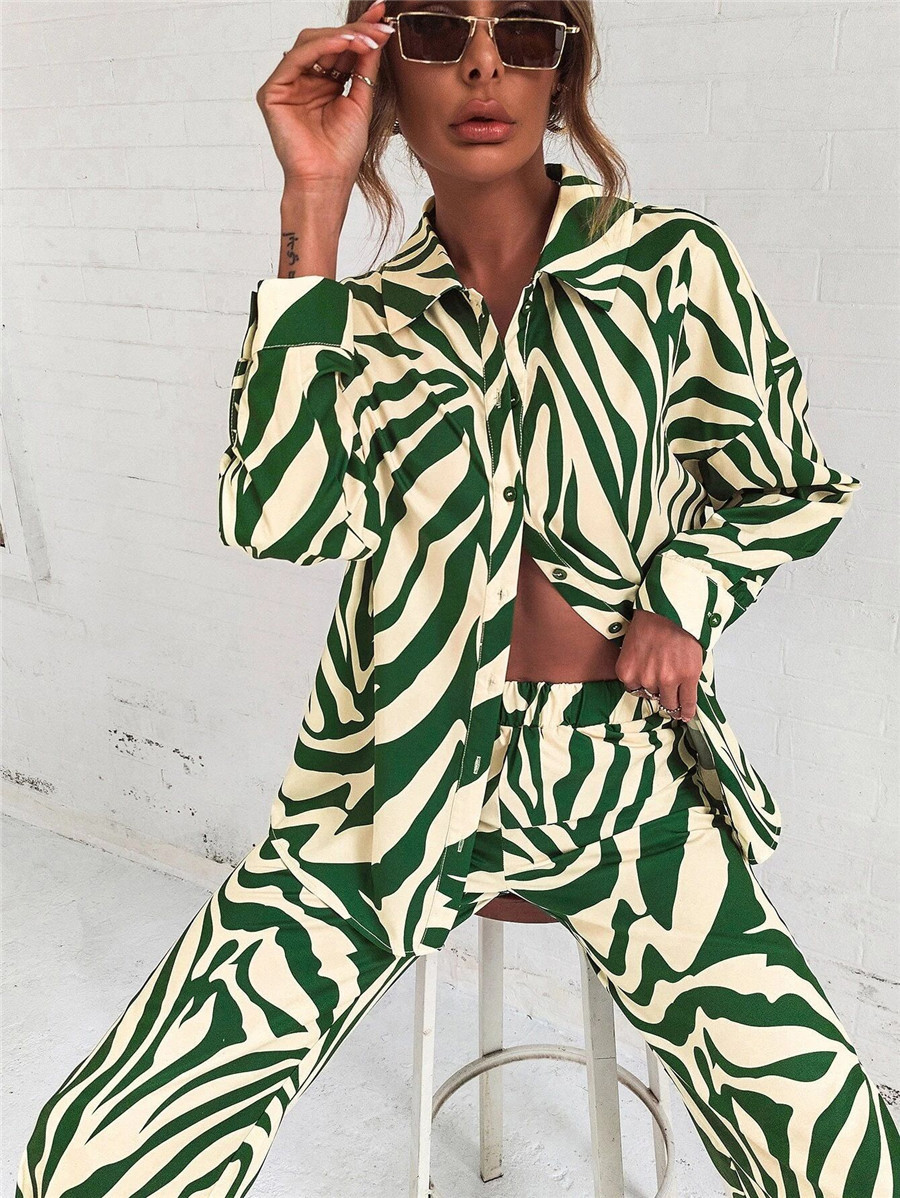 210g Weight Long Sleeve Sleeve Length Polyester Fabric Type Pant Co-ord Set Sets Type Daily Women'S Casual Streetwear Stripe Polyester Printing Pant Co-ord Set Pants Sets