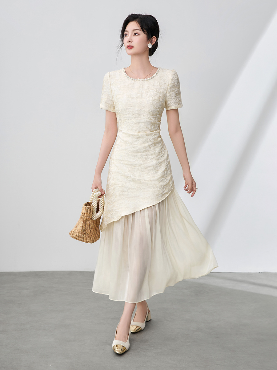 Váy maxi nữ cổ tròn đính cườm họa tiết bướm jacquard phong cách Trung Quốc — Màu đen