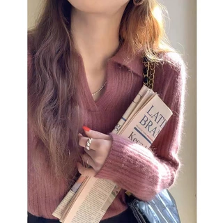 日系复古polo领针织衫女秋冬设计感小众软糯打底毛衣内搭翻领上衣