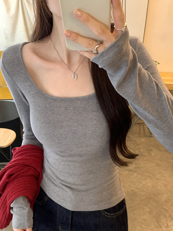 带胸垫修身打底衫女春秋内搭新款方领长袖高级感低领白色t恤上衣|undefined