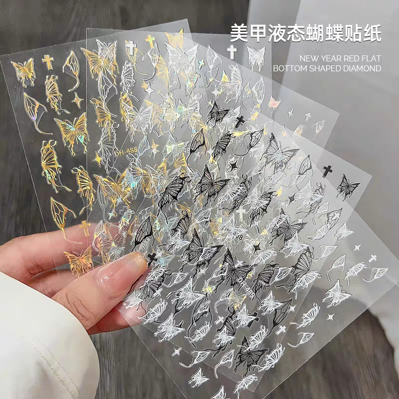 Laser Gold and Silver Liquid Butterfly Nail Art Stickers Embossed Cut Out Hand-painted Lines Fairy Nail Decals with Adhesive Backing Laser Gold and Silver Liquid Butterfly Nail Art Stickers Embossed Cut Out Hand-painted Lines Fairy Nail Decals with Adhesive Backing