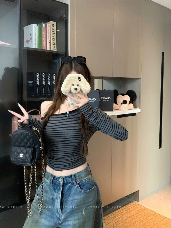 粉色条纹斜肩长袖T恤女装秋季纯欲风收腰修身紧身短款小个子上衣|undefined