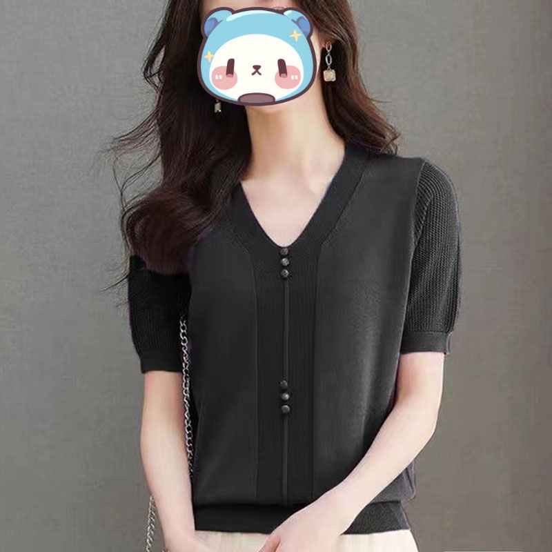 V ネックアイスシルクニット半袖 Tシャツ女性のための夏 2025 新しい大きいサイズママシャツ新しい中国風トップ薄いフレンチスタイル|undefined